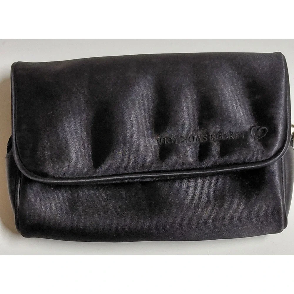 Vintage Victoria's Secret Black Satin Makeup Cosmetic Bag Pouch Mirror 90s Y2K